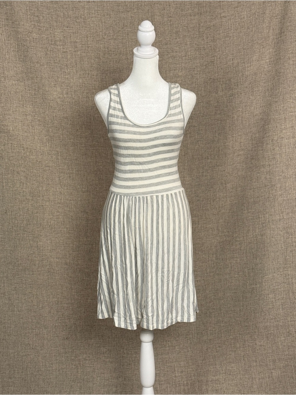 Sleeveless Scoop Neck Gray & White Striped Mini Dress w/ Back Cutout